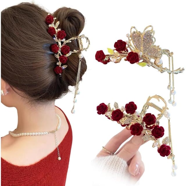 2er Set Große Haarclips Blume Und Schmetterling Aus Goldmetall, Für Frauen Und Mädchen, Elegante Accessoires