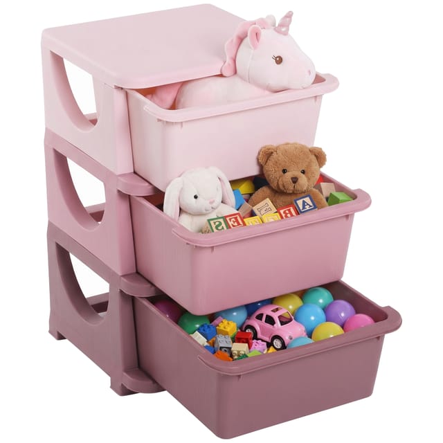 Spielzeugaufbewahrung Kinderschrank 3 Schubladen 37x37x56,5 Cm Rosa Kunststoff Regal Organizer