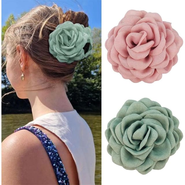 2er Set Blumen-haarklammern, Für Frauen Pink, Smaragdgrün Und Salbeigrün, Große Spangen, Hochzeit Party Alltag