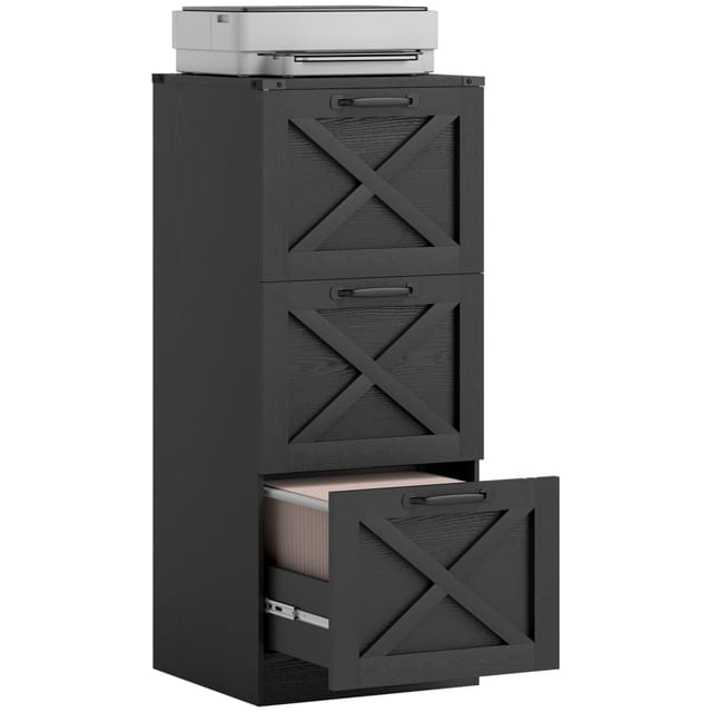 Aktenschrank 3 Schubladen, Büroschrank Landhausoptik 40x40x101 Cm, Schwarz Rustikal