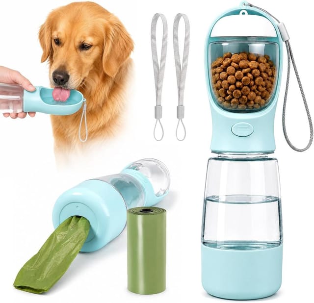 Hunde-trinkflasche 4 In 1 Mit Integriertem Napf, Futterfach Und Kotbeutel-halter, Fur Reisen