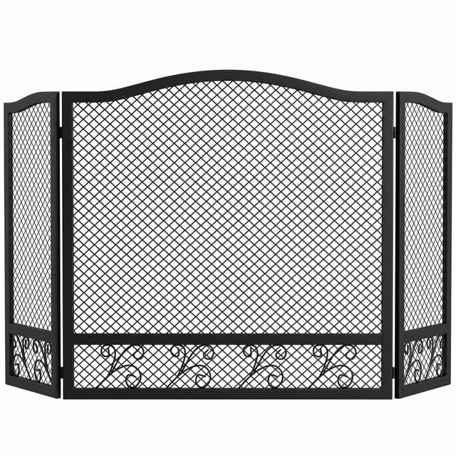 Kamingitter Faltbar 3-teilig 107x60 Cm, Metall-funkenschutz Mit Blumenmuster, Schwarz, Für Kamin Und Ofen