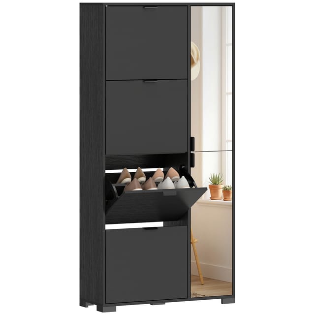 Schuhschrank Mit Spiegel, 16 Paar, Schwarz, 2 Klappbare Fächer, Offene Ablage, Mdf, Bis 40 Kg, Für Flur