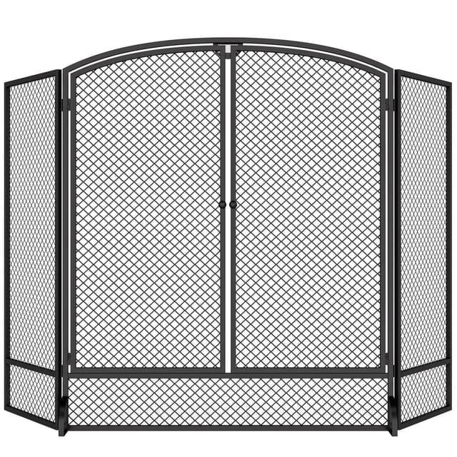 Kamingitter Faltbar 3-teilig Mit 2 Türen, 122x10x75 Cm, Funkenschutz Für Kamin Und Ofen, Schwarz