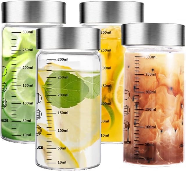 4er Pack Glasflaschen 300ml, Messskala, Dressing Öl Küche, Dichter Deckel Geschenk