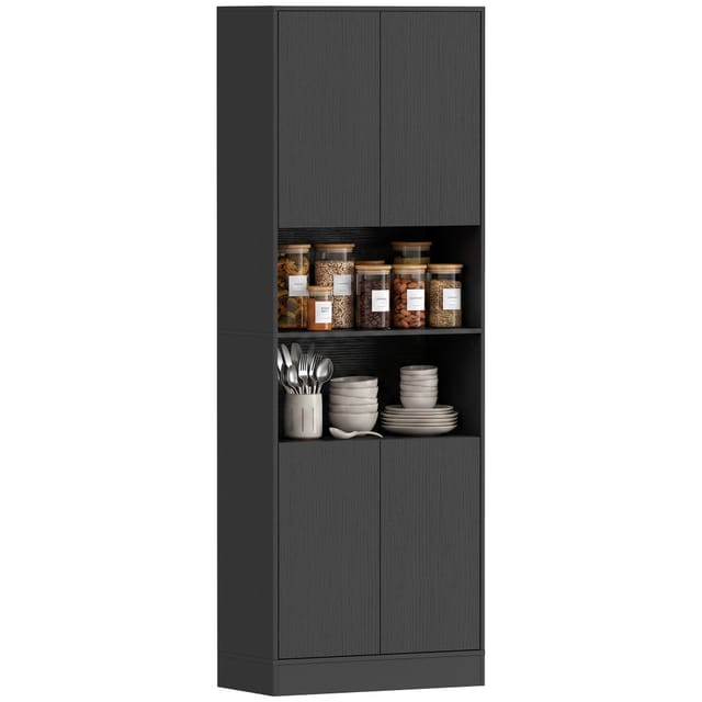 Küchen-hochschrank 60x30x170 Cm Mit 4 Türen Und Offener Ablage, Vorratsschrank, Schwarz, Freistehend