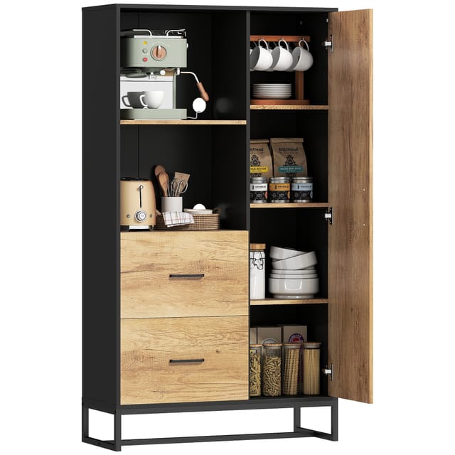 Küchenschrank Armoire, 88 X 35 X 160 Cm, 2 Schubladen, 2 Türen, Verstellbare Böden, Mdf, Schwarz-natur
