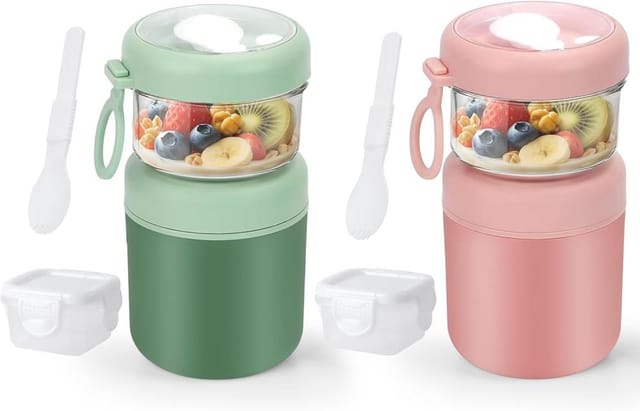 2er Pack Glas Gläser Mit Deckel, Isolierte Schüsseln 530/330ml Edelstahl, Joghurt Frühstück