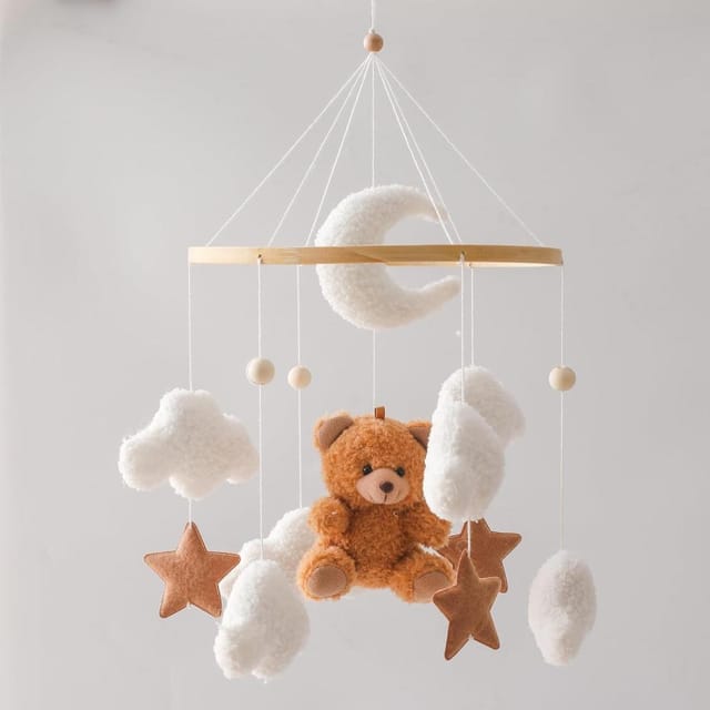 Babybett-mobile Mit Gloeckchen, Haengende Dekoration Babyzimmer, Weisse Wolken Mond Rassel Holz Weich