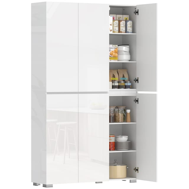 Küchenbuffet Hochschrank, 120 X 34 X 200 Cm, Hochglanz Weiss, 2 Türen, Verstellbare Böden, Soft-close