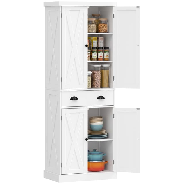 Küchen-hochschrank 4 Türen Mit Schublade, 62x38x173 Cm, Weiß, Landhaus-vorratsschrank, Verstellbare Böden