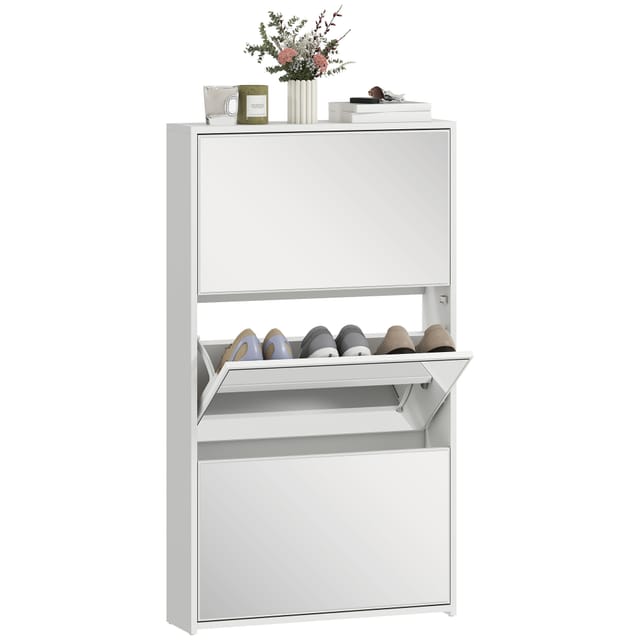 Schuhschrank 9 Paare Mit Spiegeltüren, Schmaler Schuhschrank 65x17x114,5 Cm, Weiß