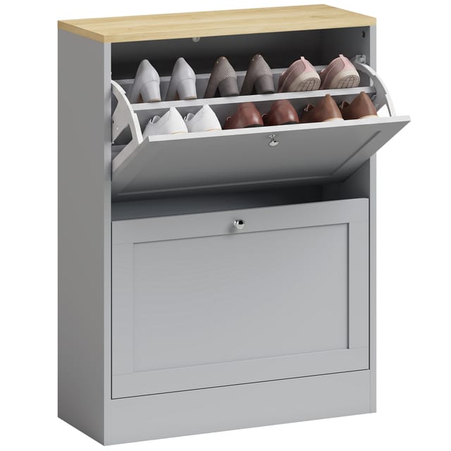 Schuhschrank 2 Klappen 60 X 24 X 90 Cm, Flip-drawer Für 12 Paare, Weiß Mit Holz, Kippschutz, Platzsparend,