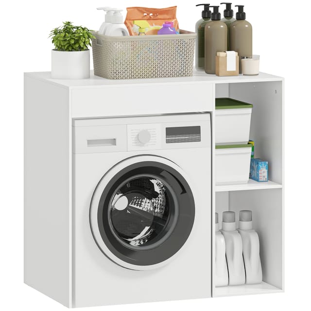 Waschmaschinen-aufsatzschrank 96 X 60 X 90,5 Cm, 2 Offene Fächer, Weiß, Kippschutz, Für Waschküche Und Bad,