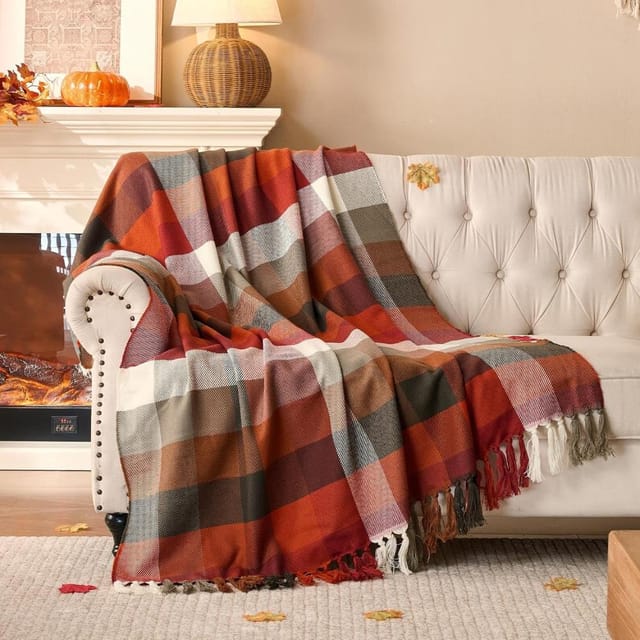 Terracotta-decke Sofa Acryl-fleece, Fransen-ueberwurf Gemuetlich, Karierte Decke Warm Wohnzimmer Bequem