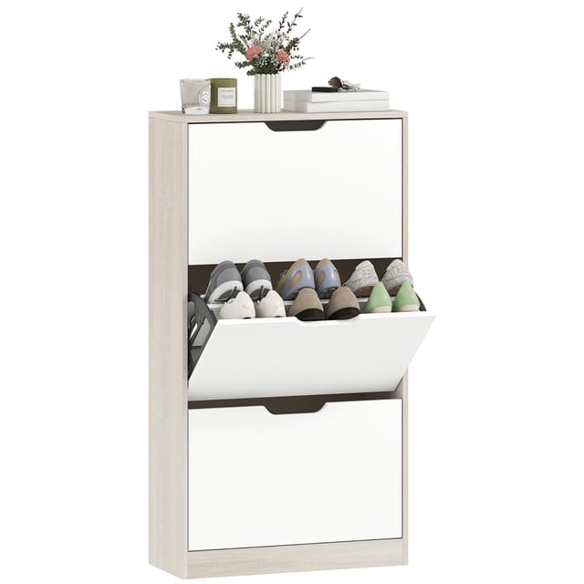 Schuhschrank 12 Paare, Schmaler Schuhschrank Eiche Weiß Mit 3 Klappfächern, 62,5x26x117,5 Cm