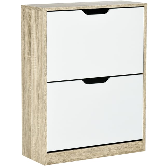 Schuhschrank 8 Paare, Schmaler Schuhschrank Eiche Weiß Mit 2 Klappfächern, 62,5x26x81 Cm