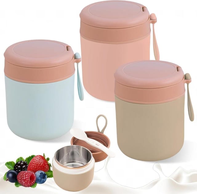 3er Pack Isolierte Edelstahl Behälter, Doppelwandige Isolierschalen, Löffel Inklusive Essen