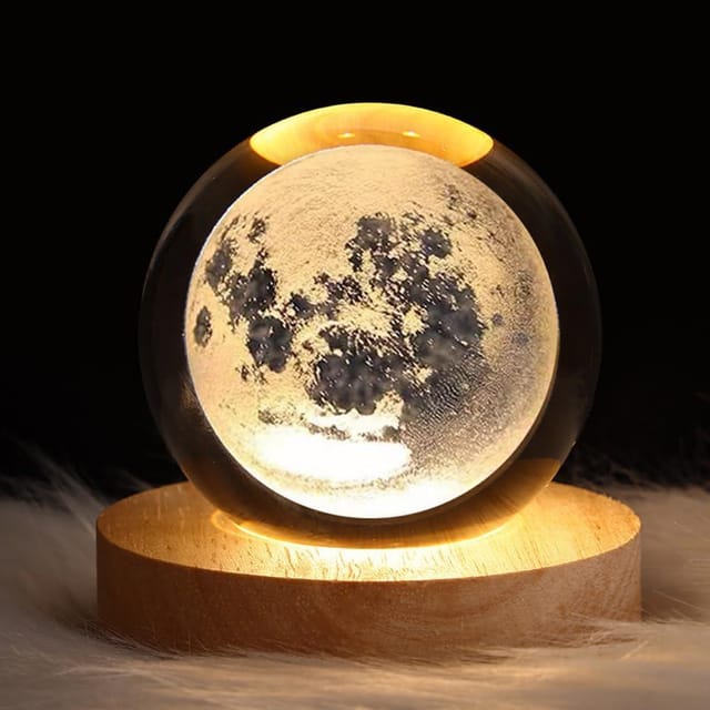 3d Nachtlicht Kristallkugel Mond Led, Kinder Holz Basis, Sanfte Zimmer Deko Traum Geschenk