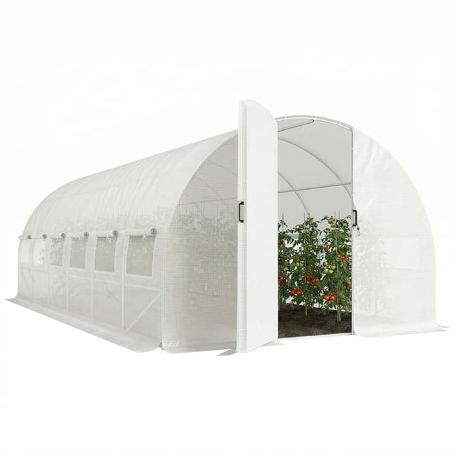 Gewächshaus Tunnelgewächshaus 18 M² 295x597x200 Cm Pe-folie 140g/m² 12 Fenster Weiß Gewächshaus
