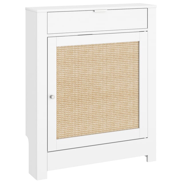 Heizkörperverkleidung 78 X 19 X 95,5 Cm, Rattan-tür, Ablage Oben, Weiß, Mit Kippschutz, Für Wohnzimmer Und