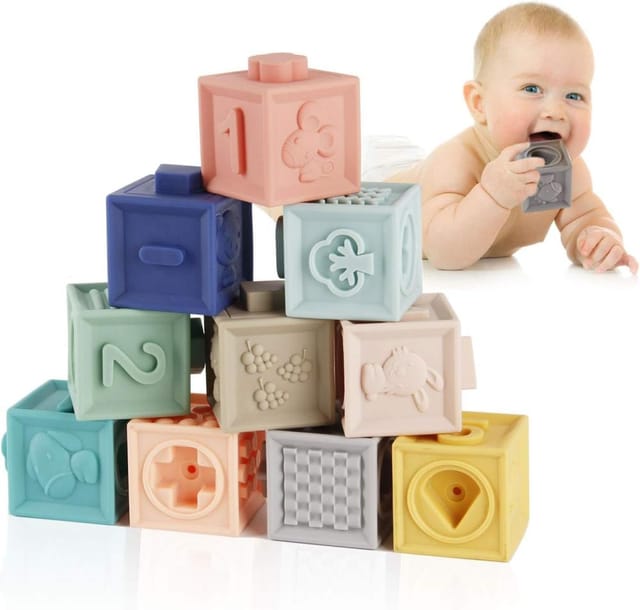 Weiche Bausteine Baby, Beissring, 12 Stueck, Weiches Material, Sensorische Foerderung, Stapelbar, Geschenk