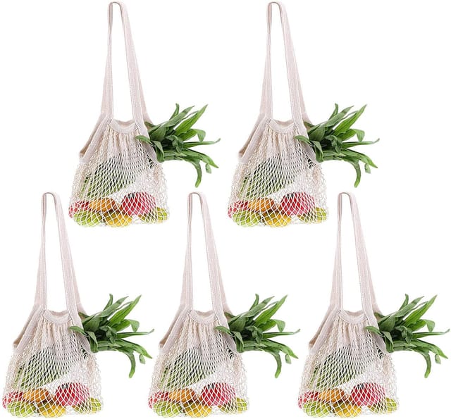 Set Mit 5 Wiederverwendbaren Einkaufstaschen Aus Baumwollnetz, Beige Mit Langem Henkel
