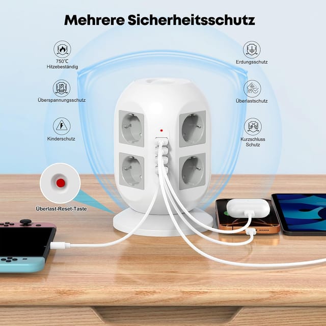 8-fach Steckdosenleiste Mit Überspannungsschutz, 2 Usb-ladeanschlüssen, 2 M Kabel Und 2 Schaltern (weiß)