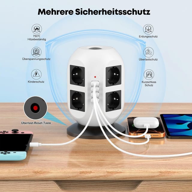 8-fach Steckdosenleiste Mit Überspannungsschutz, 2 Usb-ladeanschlüssen, 2 M Kabel Und 2 Schaltern (schwarz Und Weiß)