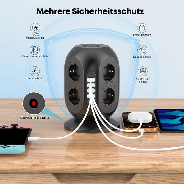 8-fach Steckdosenleiste Mit Überspannungsschutz, 2 Usb-ladeanschlüssen, 2 M Kabel Und 2 Schaltern (schwarz)