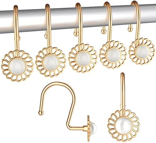 Dekorative Duschvorhanghaken, 12 Stück, Rostfreie Duschvorhangringe Mit Blumen- Und Perlenmuster Für Badezimmer-duschvorhangstangen – Gold