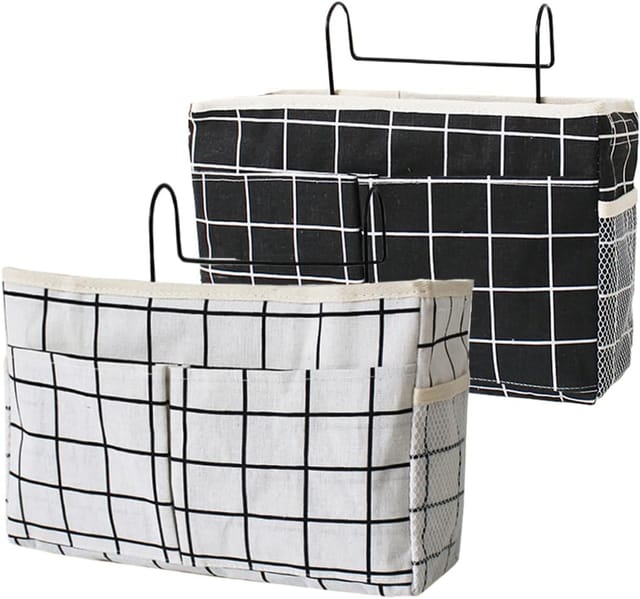 2-teiliges Betttaschen-set, Wasserdichtes Canvas-bettregal, Hängender Nachttischkorb, Betttasche Für Zuhause, Büro, Schule (schwarz + Weiß Kariert)