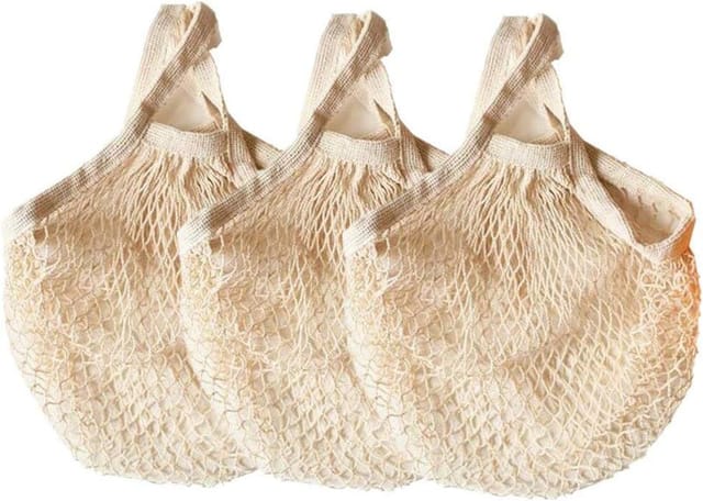 Set Mit 3 Wiederverwendbaren Einkaufstaschen Aus Baumwollnetz, Beige, Kurzarm