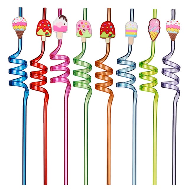 Set Mit 8 Eisstrohhalmen In Cartoon-form, Gesunde Eisstrohhalme Aus Kunststoff Für Kinder