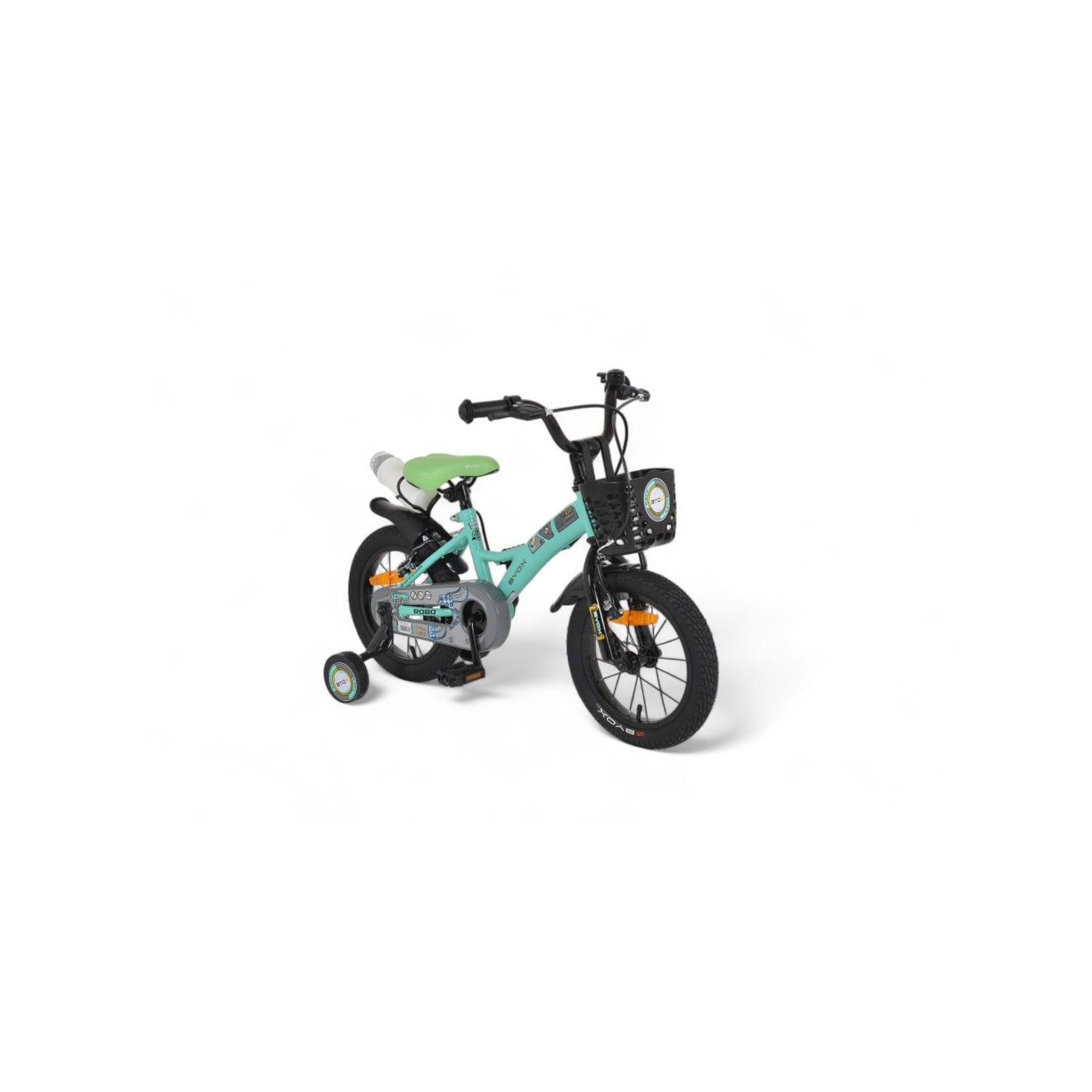 Byox Kinderfahrrad Robo 14 Zoll, Stützräder, Frontkorb, Getränkehalter, Klingel türkis