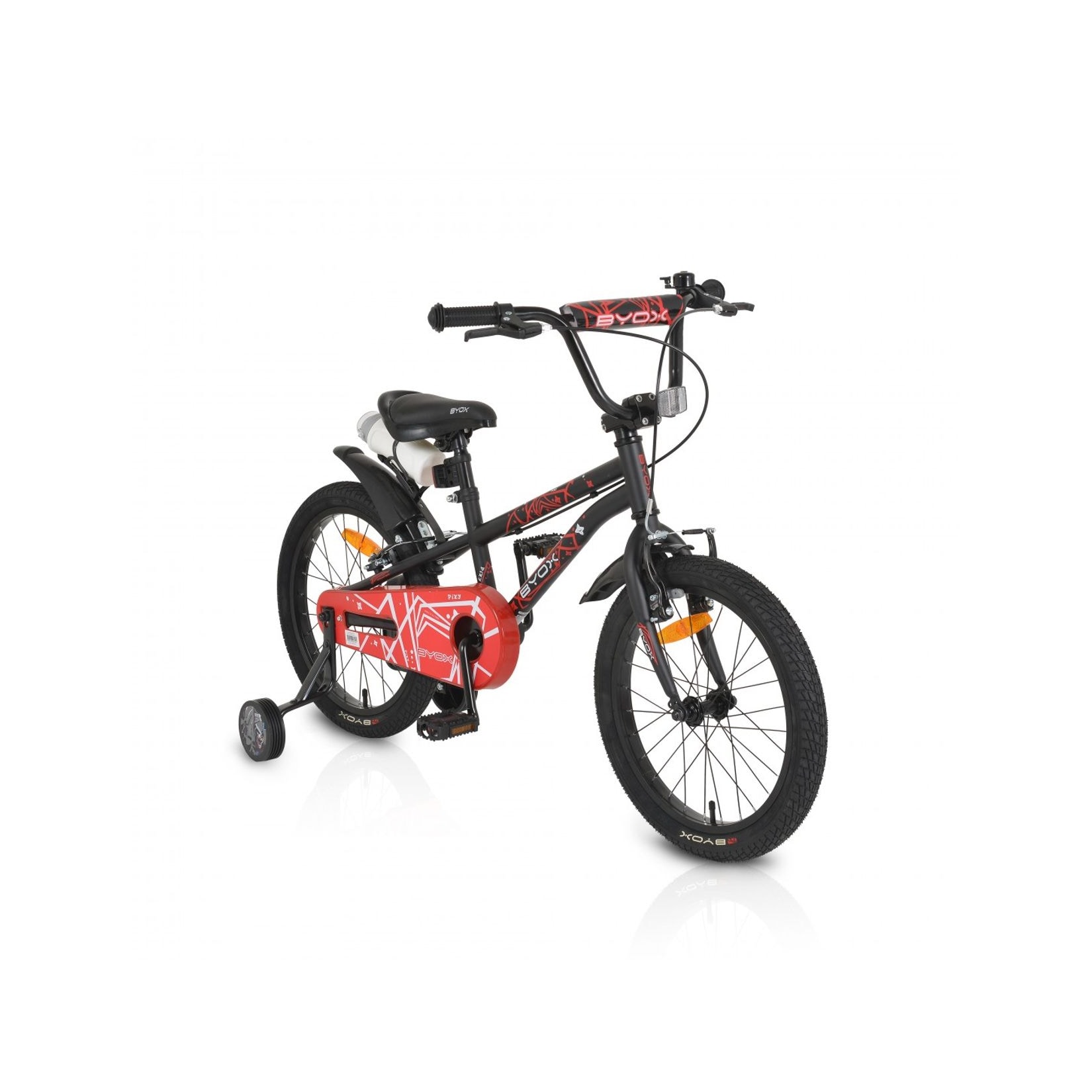 Byox Kinderfahrrad 18 Zoll Pixi, Klingel, Reflektoren, Stützräder, ab 5 Jahre schwarz rot