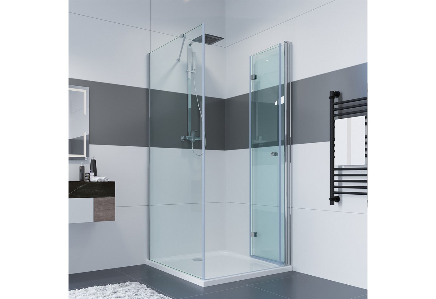 IMPTS Eckdusche Duschtür Falttür mit Seitenwand, BxT: 80x80 cm, Einscheibensicherheitsglas, Sicherheitsglas, Duschkabine Eckeinstieg falttür Duschtür, Duschabtrennung, inkl Duschwanne & Ablauf Bild 3