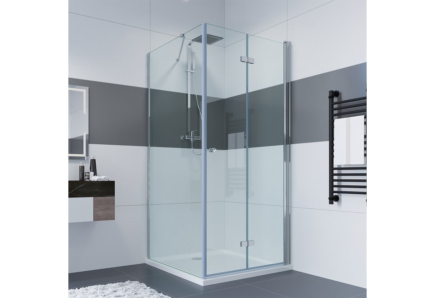 IMPTS Eckdusche Duschtür Falttür mit Seitenwand, BxT: 80x80 cm, Einscheibensicherheitsglas, Sicherheitsglas, Duschkabine Eckeinstieg falttür Duschtür, Duschabtrennung, inkl Duschwanne & Ablauf Bild 4