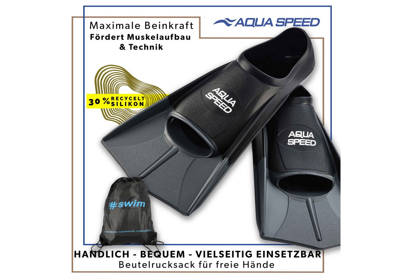 Aqua Speed Flosse Silikon Kurzflossen für anspruchsvolles Schwimmtraining (Leistungsbetontes Schwimmtraining mit kompakter Silikonflosse 37/38 silber), Technikorientierte Lösung für gleichmäßige Belastung im Training