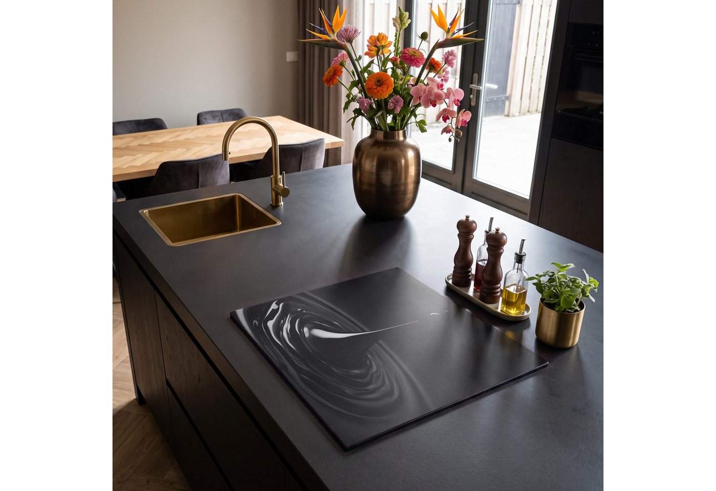 MuchoWow Herd-Abdeckplatte Schwarz - Wasser - Tropfen, Vinyl, (1 tlg), Abdeckplatte für Ceranfeld, Herd Inductionsmatte, 57.6x51.6 cm Bild 2