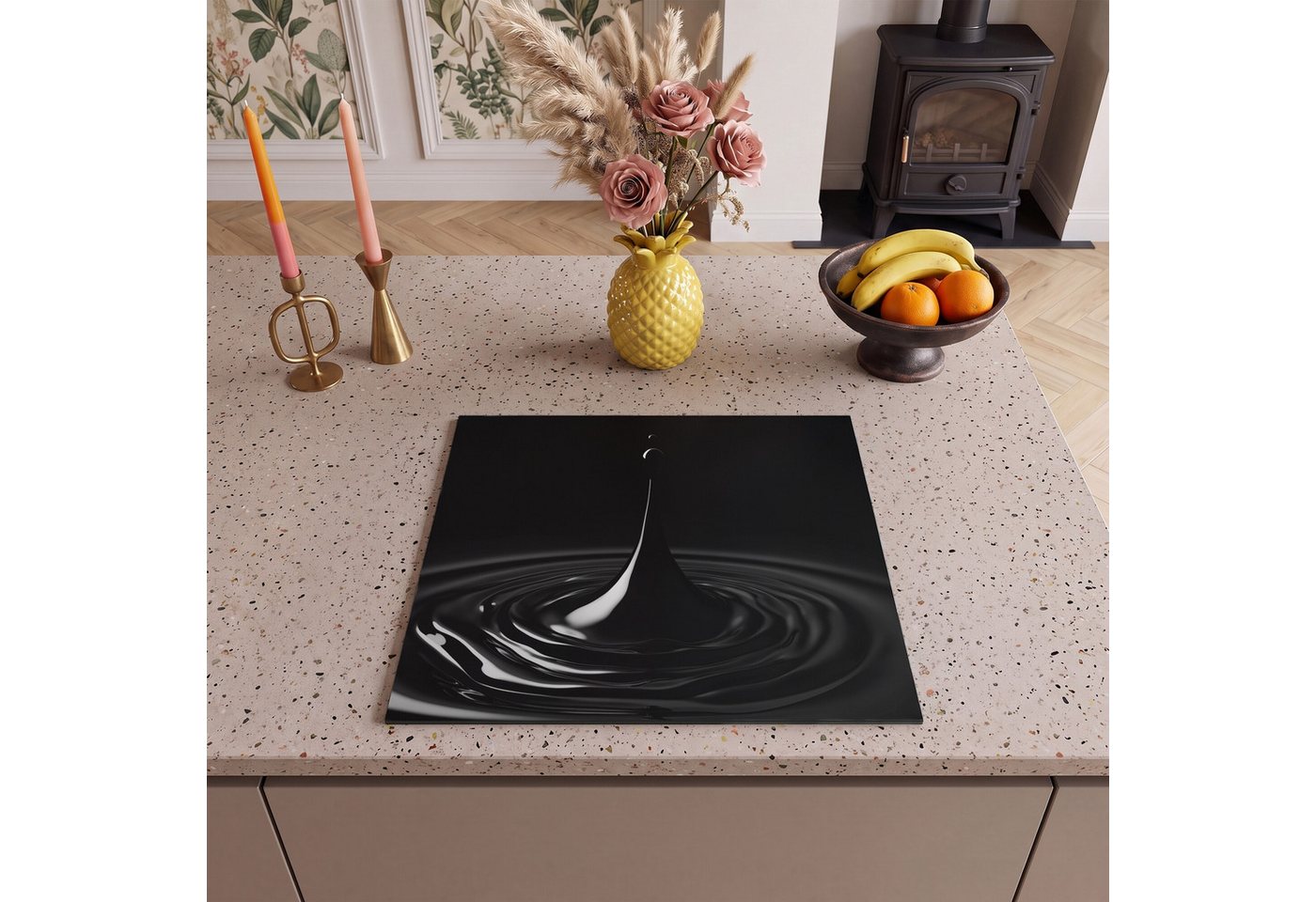 MuchoWow Herd-Abdeckplatte Schwarz - Wasser - Tropfen, Vinyl, (1 tlg), Abdeckplatte für Ceranfeld, Herd Inductionsmatte, 57.6x51.6 cm Bild 4