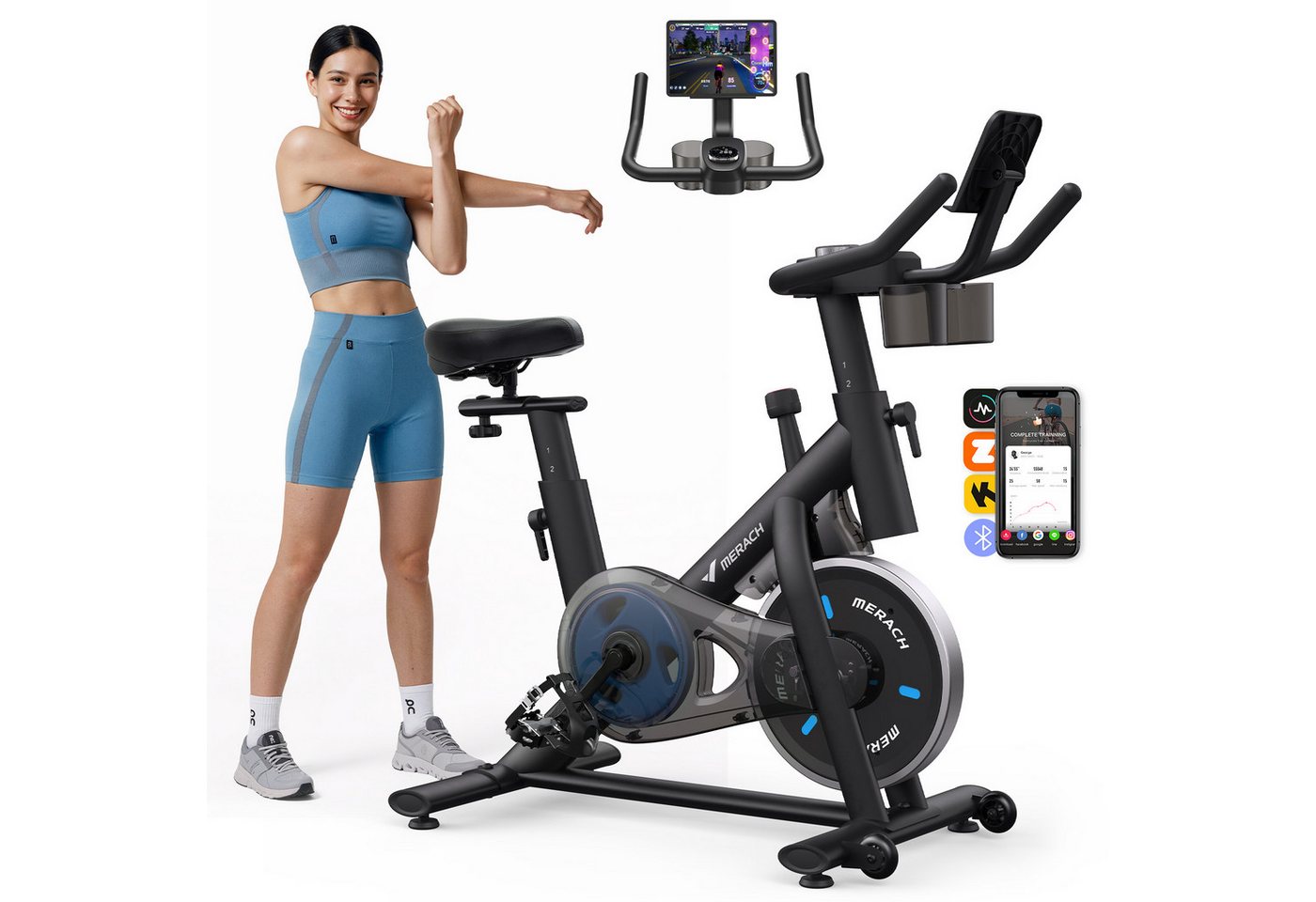 MERACH Heimtrainer mit verstellbarem Widerstand, leise mit LED-Monitor (1-tlg., inkl. verbessertem LED-Monitor, App, Halter & Speedbike), Kardiotraining Riemenantrieb, stabile Konstruktion, bis 136kg