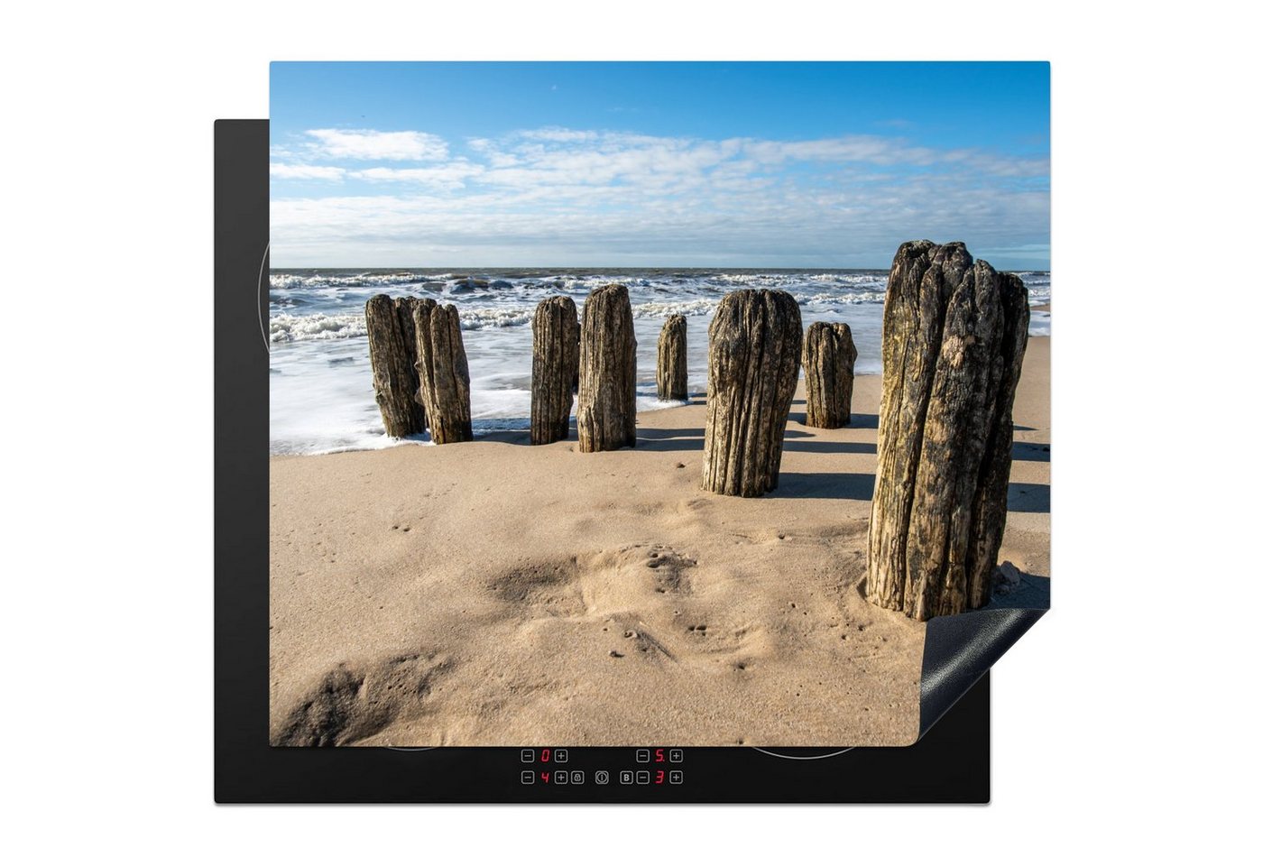 MuchoWow Herd-Abdeckplatte Sand - Strand - Pfahl - Wasser - Sommer, Vinyl, (1 tlg), Cerankochfeld Abdeckung, Herd Abdeckplatten Vinyl, 58x51 cm Bild 3