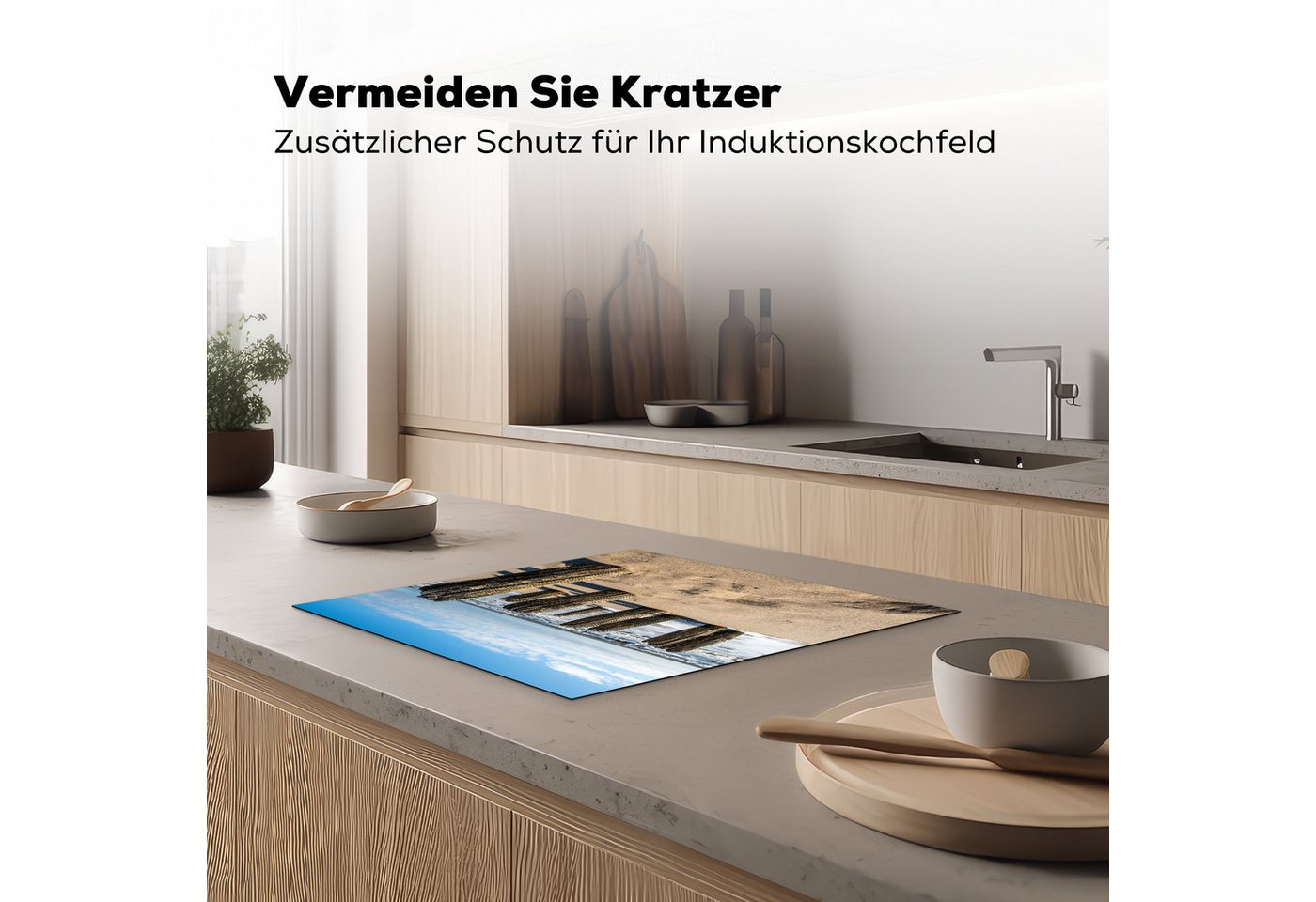 MuchoWow Herd-Abdeckplatte Sand - Strand - Pfahl - Wasser - Sommer, Vinyl, (1 tlg), Cerankochfeld Abdeckung, Herd Abdeckplatten Vinyl, 58x51 cm Bild 4