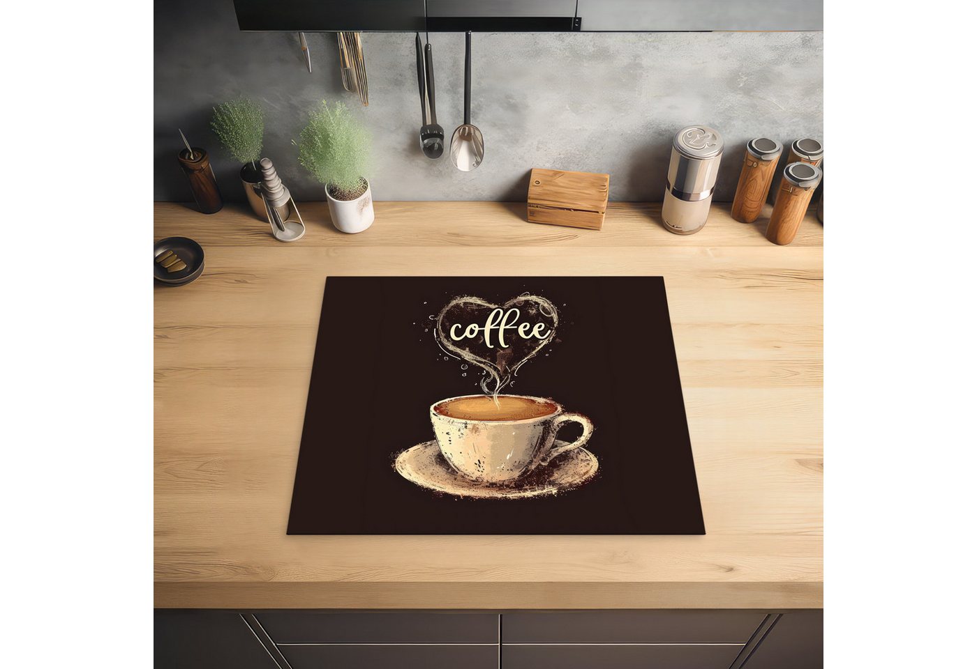 MuchoWow Herd-Abdeckplatte Kaffee - Zitat - Herz - Kaffee, Vinyl, (1 tlg), Cerankochfeld Abdeckung, Herd Abdeckplatten Vinyl, 58.3x51.3 cm