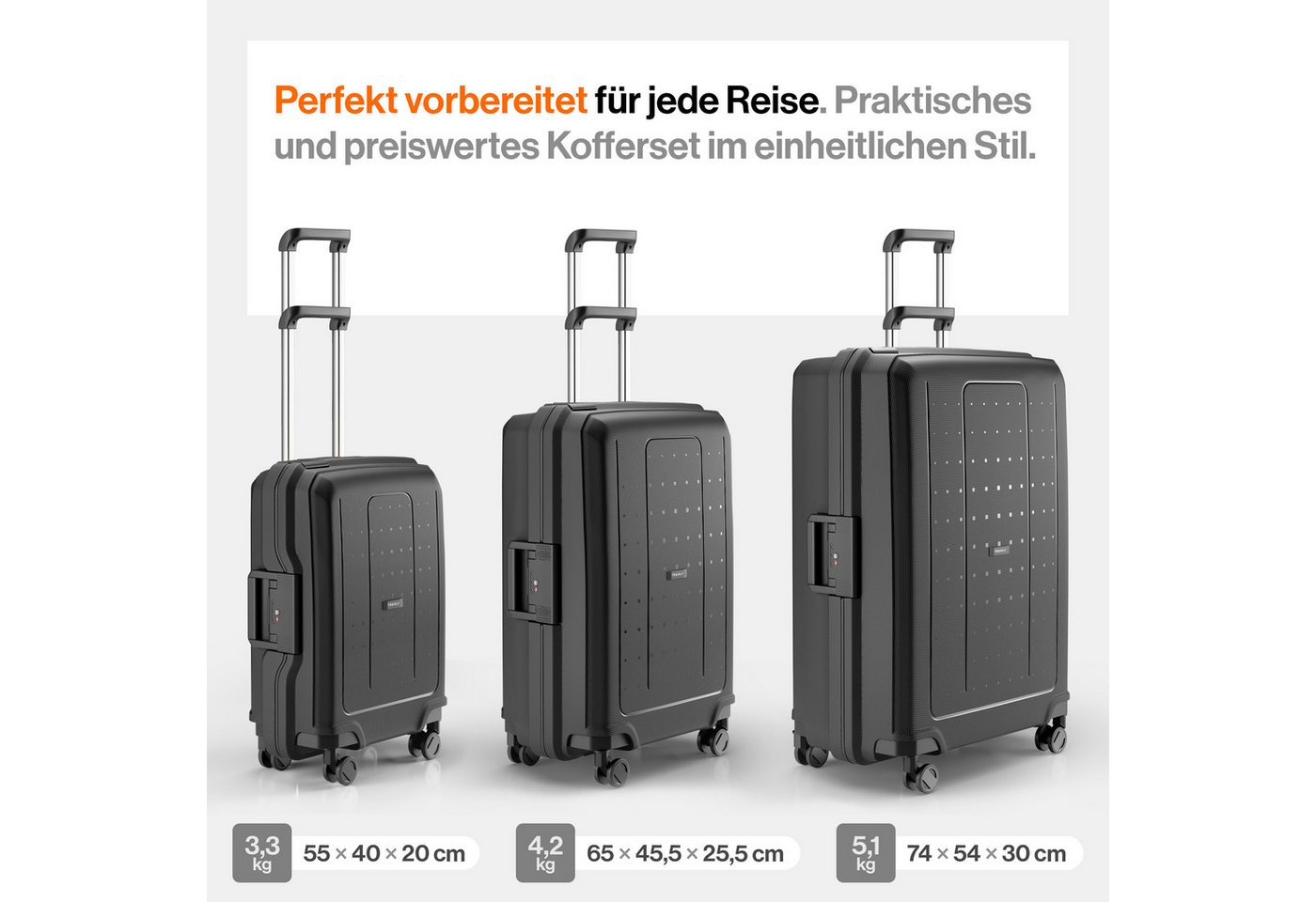 Travely Koffer Polypropylen Koffer Set - 3 teiliges Kofferset, XL + L + M, 4 Rollen, Designed in Germany, austauschbare Griffe und Rollen Bild 3