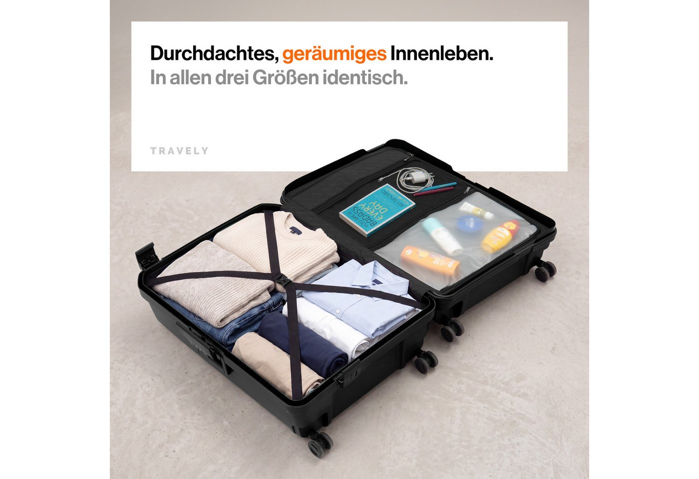 Travely Koffer Polypropylen Koffer Set - 3 teiliges Kofferset, XL + L + M, 4 Rollen, Designed in Germany, austauschbare Griffe und Rollen Bild 4