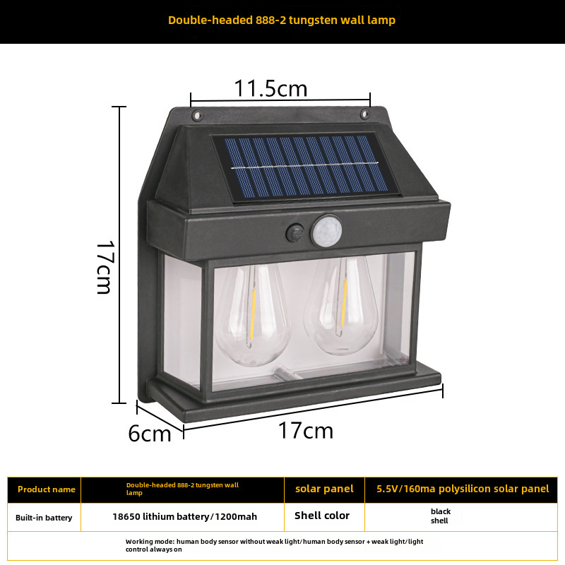 Lampes Solaires D'Intérieur Pour Jardin Extérieur, Éclairage Automatique, Lumière Chaude, Fil De Tungstène, Induction De Présence, Lampe Murale, Cadeau En Gros (888-2 Double Lumière Blanche)
