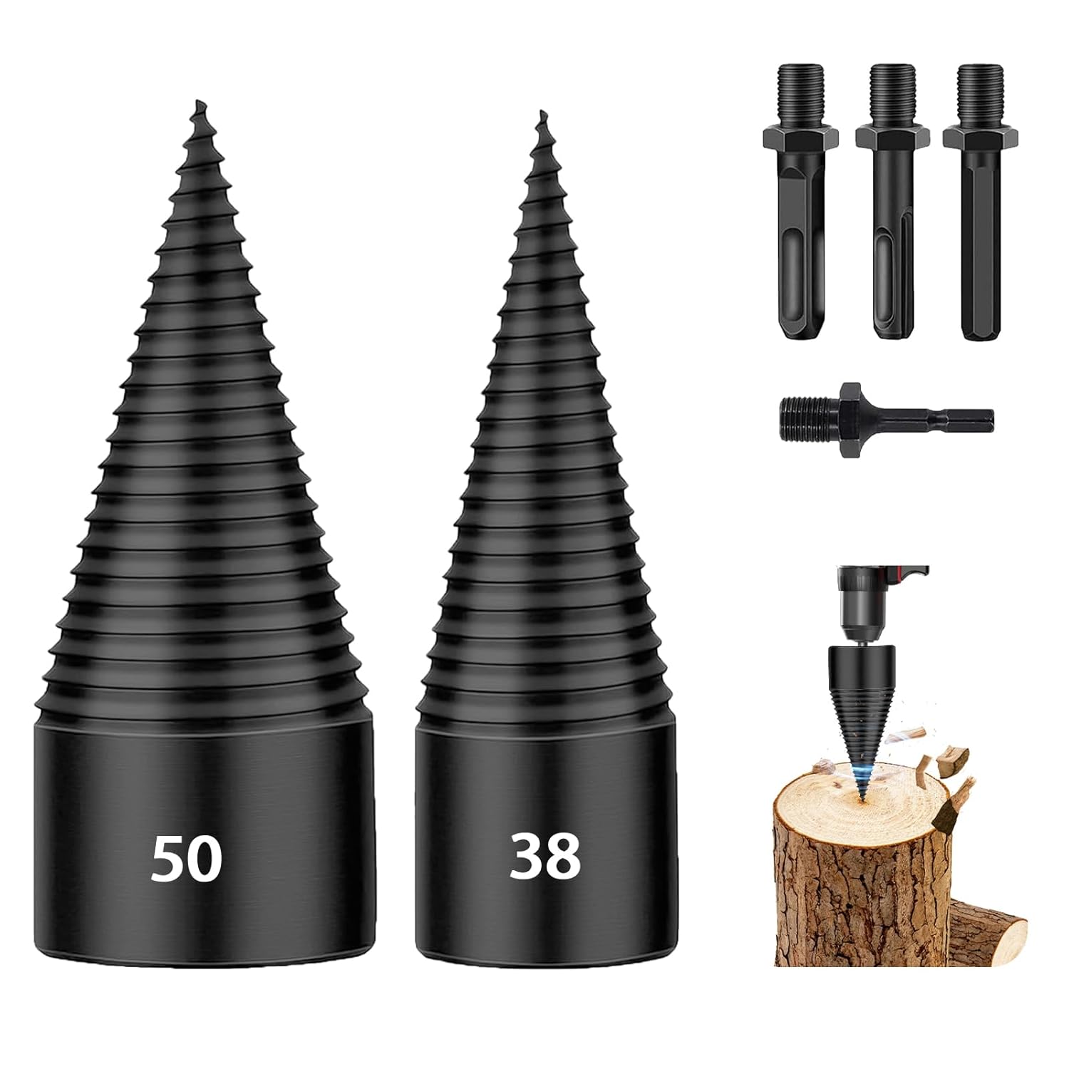 6-teiliges Set Holzspalter-bohrer (38 Mm + 50 Mm), 4 Griffe (vierkantig, Rund, Sechseckig, Klein Sechseckig), Robuster Und Abnehmbarer Elektrischer Bohrer Für Einfache Bedienung Mit Holzspaltern