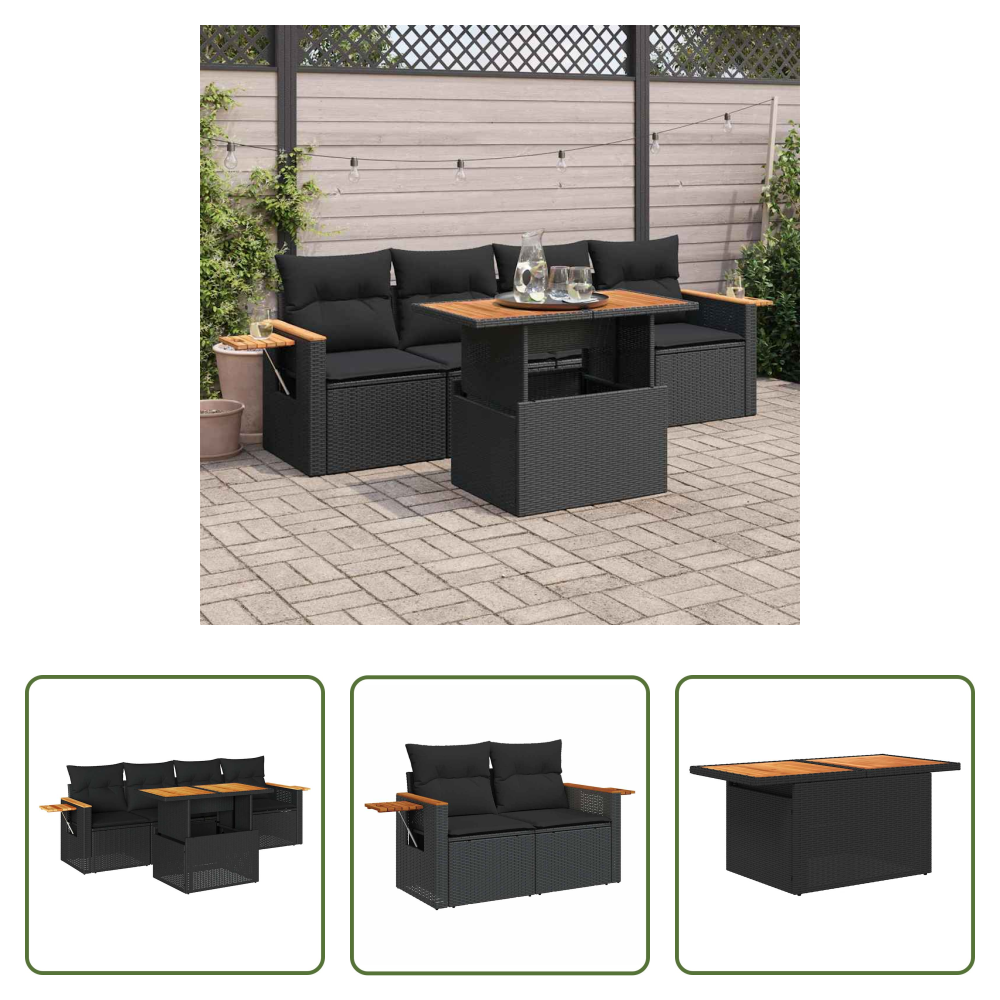 Vidaxl Akazienholz - 5tlg. Garten-sofagarnitur Mit Kissen Schwarz Poly Rattan Akazie